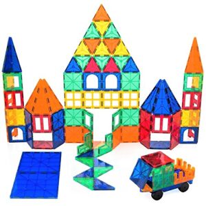 playbees 100 piece magnetic building tiles set, clear vivid colors and shapes, 3d magnet building blocks for kids, toddlers, stem educational learning development toy, creativity beyond imagination