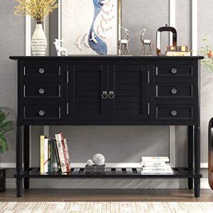 xd designs retro style sideboard console table, free standing kitchen storage buffet server cabinet, 45 table sofa 6 drawers, 1 cabinets and bottom shelf (black + mdf), 45.28wx14.96dx34.02h