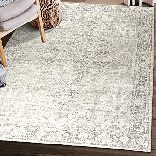 ReaLife Machine Washable Rug - Stain Resistant, Non-Shed - Eco-Friendly, Non-Slip, Family & Pet Friendly - Made from Premium Recycled Fibers - Vintage Distressed Traditional - Beige Ivory, 7'6" x 9'6"