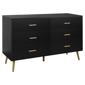 LYNSOM Black Dresser, Modern 6 Drawer Dresser for Bedroom with Wide Drawers and Metal Handles, Wood Storage Chest of Drawers for Living Room Hallway Entryway