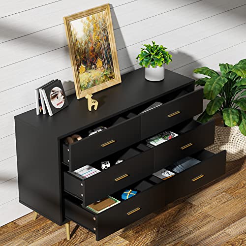 LYNSOM Black Dresser, Modern 6 Drawer Dresser for Bedroom with Wide Drawers and Metal Handles, Wood Storage Chest of Drawers for Living Room Hallway Entryway