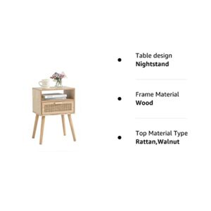 MaxSmeo Modern Nightstand Rattan Side Table with Storage, Farmhouse End Table for Living Room, Bedroom and Small Spaces, Accent Bedside Tables with Solid Wood Legs, Easy Assembly (Natural Walnut)