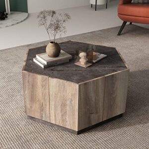 Betoko Industrial Wooden Coffee Table with Storage Drawers Rustic Farmhouse Center Coffee Table for Living Room Office with Cement Pattern Hexagonal Table Top for Small Spaces