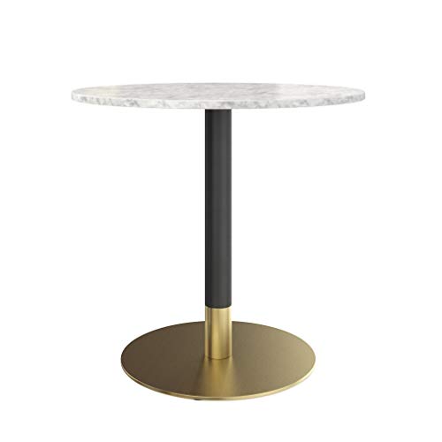 Nathan James Bistro Lucy Small Mid-Century Modern Kitchen or Dining Table with Faux Carrara Marble Top and Brushed Metal Pedestal Base, Black/Gold 31D x 31.5W x 29H in