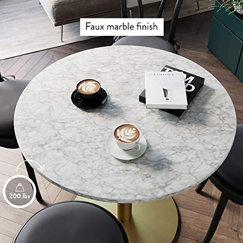 Nathan James Bistro Lucy Small Mid-Century Modern Kitchen or Dining Table with Faux Carrara Marble Top and Brushed Metal Pedestal Base, Black/Gold 31D x 31.5W x 29H in