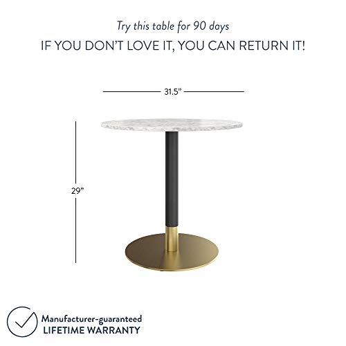 Nathan James Bistro Lucy Small Mid-Century Modern Kitchen or Dining Table with Faux Carrara Marble Top and Brushed Metal Pedestal Base, Black/Gold 31D x 31.5W x 29H in