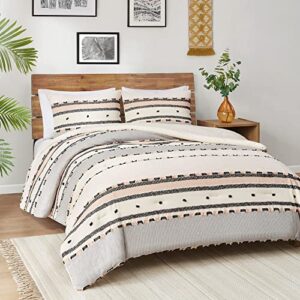 hyde lane boho king comforter set ，modern farmhouse tufted bedding sets, cotton top with neutral rustic style clipped jacquard stripes, 3-pieces including matching pillow shams (104×90 inches)