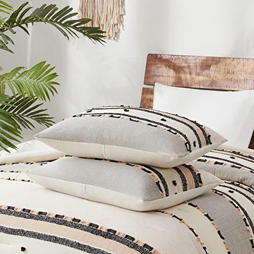 Hyde Lane Boho King Comforter Set ，Modern Farmhouse Tufted Bedding Sets, Cotton Top with Neutral Rustic Style Clipped Jacquard Stripes, 3-Pieces Including Matching Pillow Shams (104x90 Inches)