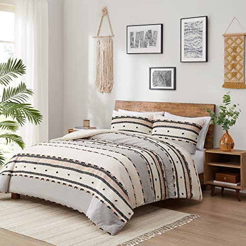Hyde Lane Boho King Comforter Set ，Modern Farmhouse Tufted Bedding Sets, Cotton Top with Neutral Rustic Style Clipped Jacquard Stripes, 3-Pieces Including Matching Pillow Shams (104x90 Inches)