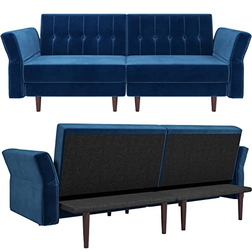 Belffin Velvet Convertible Futon Sofa Bed Memory Foam Futon Couch Sleeper Sofa Blue