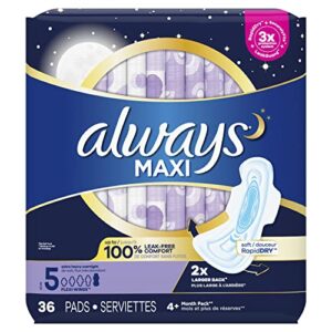 Always Maxi Feminine Pads for Women, Size 5 Extra Heavy Overnight Absorbency, with Wings, Unscented, 36 Count