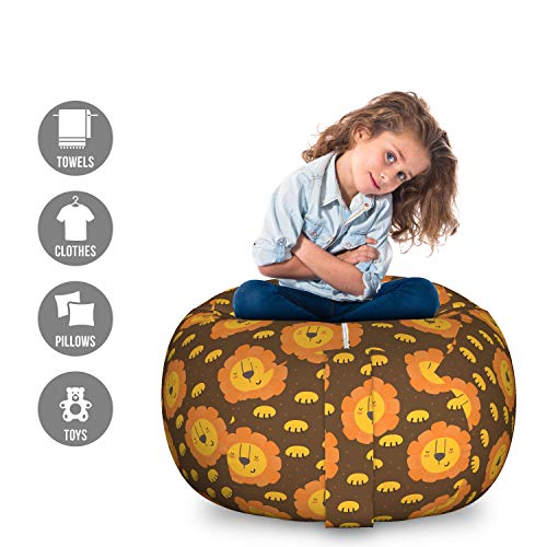 Ambesonne Lion Storage Toy Bag Chair, Little Funny Zoo Animals with Sleepy Faces and Paws Cartoon Design, Stuffed Animal Organizer Washable Bag, Large Size, Brown Yellow and Orange