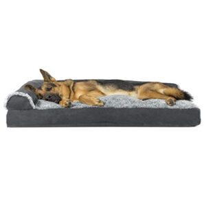 furhaven xl pillow dog bed two-tone faux fur & suede l shaped chaise w/ removable washable cover – stone gray, jumbo (x-large)