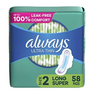 always ultra thin feminine pads for women, size 2 long super absorbency, with wings, unscented, 58 count