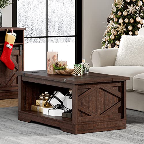 WAMPAT Modern Farmhouse Coffee Table, Rectangle Wood Center Table with Open Storage for Living Room, Spliced Wood Desktop, Riveted Metal Bars, Prismatic Decor, 42 Inch, Rustic Brown