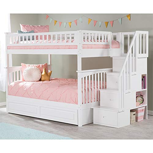 Atlantic Furniture AB55832 Columbia Staircase Bunk Bed with Raised Panel Trundle Bed, Full/Full, White