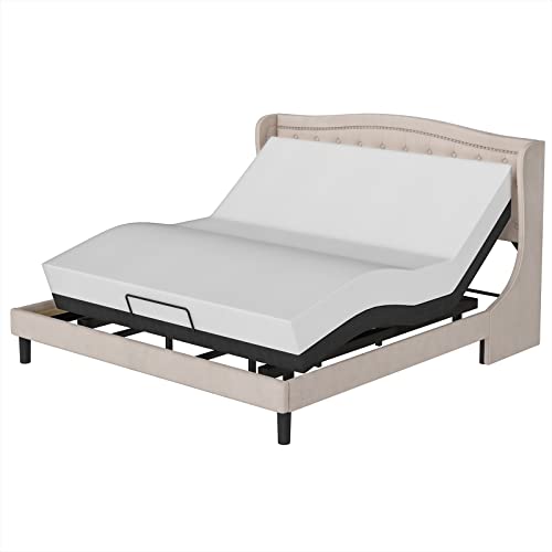 HOSTACK King Size Bed Frame, Modern Upholstered Platform Bed with Wingback Headboard, Heavy Duty Button Tufted Bed Frame with Wood Slat Support, Easy Assembly, No Box Spring Needed(Beige, King)