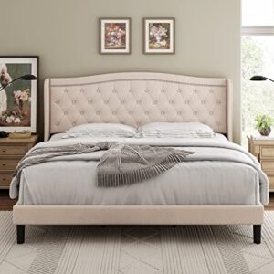 hostack king size bed frame, modern upholstered platform bed with wingback headboard, heavy duty button tufted bed frame with wood slat support, easy assembly, no box spring needed(beige, king)