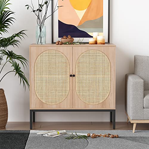 XIAO WEI Sideboard with Handmade Natural Rattan Doors, Rattan Cabinet Console Table Storage Cabinet Buffet Cabinet, for Kitchen, Living Room, Hallway, Entryway, Natural