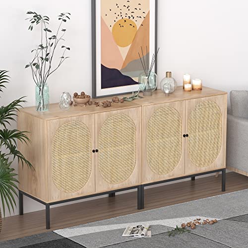 XIAO WEI Sideboard with Handmade Natural Rattan Doors, Rattan Cabinet Console Table Storage Cabinet Buffet Cabinet, for Kitchen, Living Room, Hallway, Entryway, Natural