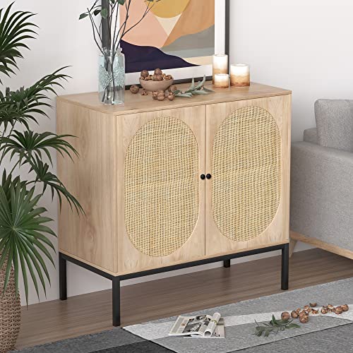 XIAO WEI Sideboard with Handmade Natural Rattan Doors, Rattan Cabinet Console Table Storage Cabinet Buffet Cabinet, for Kitchen, Living Room, Hallway, Entryway, Natural