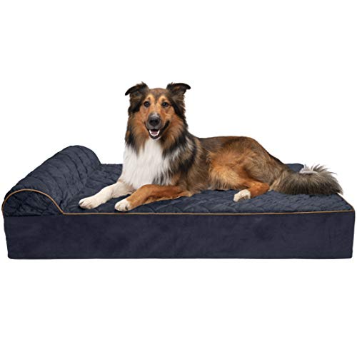 Furhaven XXL Orthopedic Dog Bed Goliath Quilted Faux Fur & Velvet Chaise w/ Removable Washable Cover - Dark Blue, 2XL