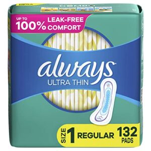 always ultra thin pads for women, size 1 regular absorbency without wings unscented, 44 count x 3 packs (132 count total)