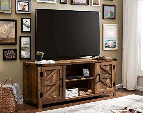WAMPAT Farmhouse Barn Door TV Stand for TVs Up to 65" Modern Wood Console Entertainment Center Storage Cabinet Table Living Room with Adjustable Shelves