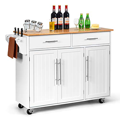 Giantex Kitchen Island Cart Rolling Storage Trolley Cart with Lockable Castors, 2 Drawers, 3 Door Cabinet, Towel Handle, Knife Block for Dining Room Restaurant Use (White)