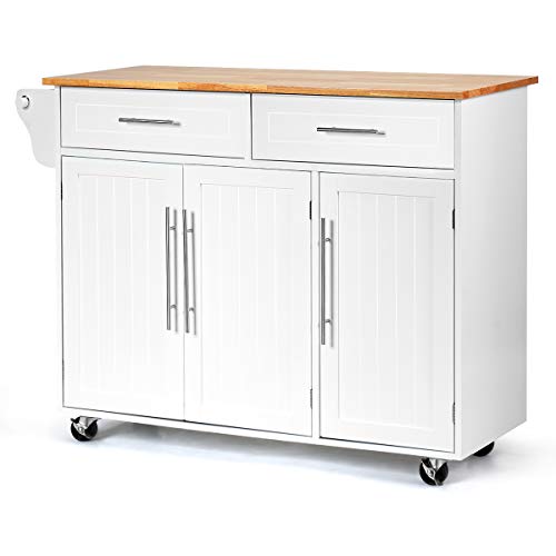 Giantex Kitchen Island Cart Rolling Storage Trolley Cart with Lockable Castors, 2 Drawers, 3 Door Cabinet, Towel Handle, Knife Block for Dining Room Restaurant Use (White)