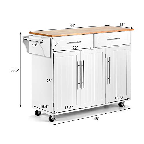 Giantex Kitchen Island Cart Rolling Storage Trolley Cart with Lockable Castors, 2 Drawers, 3 Door Cabinet, Towel Handle, Knife Block for Dining Room Restaurant Use (White)