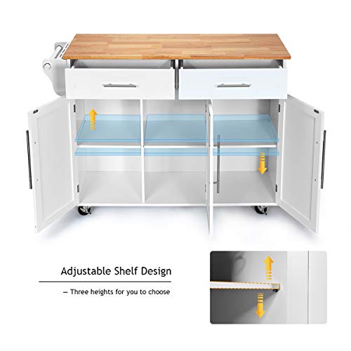 Giantex Kitchen Island Cart Rolling Storage Trolley Cart with Lockable Castors, 2 Drawers, 3 Door Cabinet, Towel Handle, Knife Block for Dining Room Restaurant Use (White)