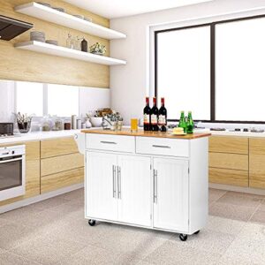 Giantex Kitchen Island Cart Rolling Storage Trolley Cart with Lockable Castors, 2 Drawers, 3 Door Cabinet, Towel Handle, Knife Block for Dining Room Restaurant Use (White)