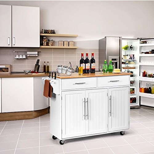 Giantex Kitchen Island Cart Rolling Storage Trolley Cart with Lockable Castors, 2 Drawers, 3 Door Cabinet, Towel Handle, Knife Block for Dining Room Restaurant Use (White)