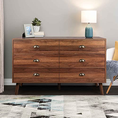 REHOOPEX 6 Drawer Dresser for Bedroom, Walnut Dresser with Chest of Drawers, Wood Storage Dresser with Wide Drawers for Closet, Entryway, Hallway, Living Room