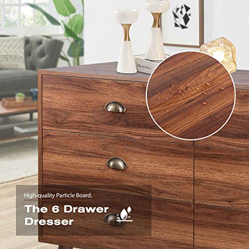 REHOOPEX 6 Drawer Dresser for Bedroom, Walnut Dresser with Chest of Drawers, Wood Storage Dresser with Wide Drawers for Closet, Entryway, Hallway, Living Room