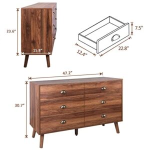 REHOOPEX 6 Drawer Dresser for Bedroom, Walnut Dresser with Chest of Drawers, Wood Storage Dresser with Wide Drawers for Closet, Entryway, Hallway, Living Room