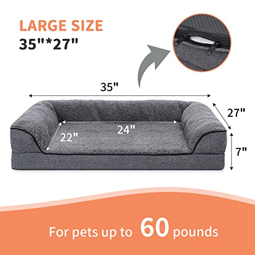 Sivomens Dog Bed, Bolster Washable Dog Beds for Large Dogs, 7 Inch Thicken Orthopedic Sofa Foam Couch Bed with Removable Cover & Nonskid Bottom, Pet Beds for Medium&Small Dogs