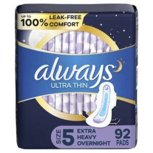 always ultra thin feminine pads for women, size 5, extra heavy, overnight absorbency with wings, 46 count x 2 pack (92 count total)