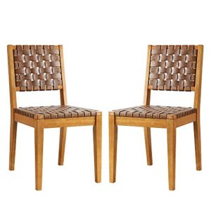 amazon brand – rivet faux leather woven dining chair with wood frame, set of 2, 18″w, brown
