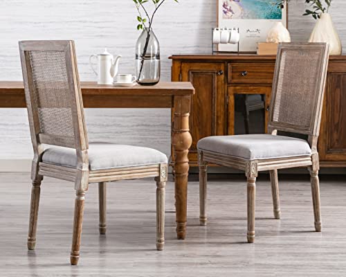 CIMOTA Farmhouse Dining Chairs Set of 2, French Rattan Dining Room Chairs with Rectangle Back/Distressed Wood Upholstered Vintage Side Chairs for Kitchen/Restaurant, Grey/2PCS