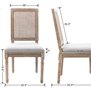 CIMOTA Farmhouse Dining Chairs Set of 2, French Rattan Dining Room Chairs with Rectangle Back/Distressed Wood Upholstered Vintage Side Chairs for Kitchen/Restaurant, Grey/2PCS