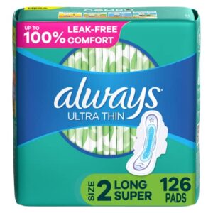 always ultra thin feminine pads with wings for women, super absorbency, unscented, size 2, 126 count