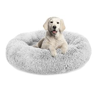 plush calming dog bed, donut dog bed for small medium large dogs, anti anxiety round dog bed, soft fuzzy calming bed for dogs & cats, comfy bed, marshmallow cuddler nest calming pet bed