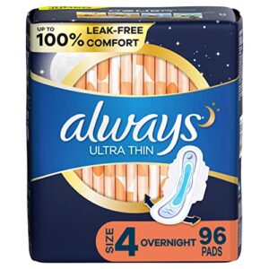 always ultra thin overnight pads with wings, size 4, overnight, 96 count