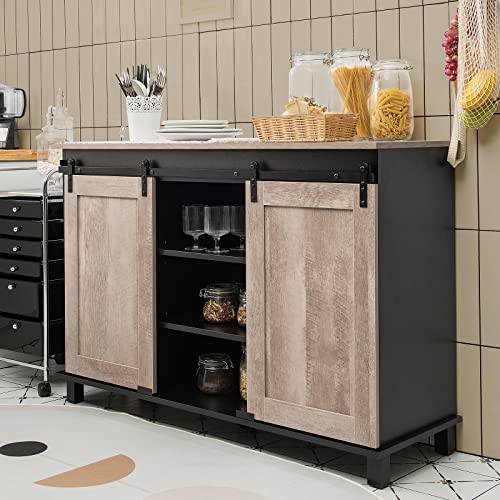 Giantex Sideboard, Buffet Coffee Bar Station with 2 Sliding Barn Doors, Wood Cupboard Pantry, Large Console Table with 3 Tier Shelves, Farmhouse Storage Cabinet Kitchen Dining Living Room