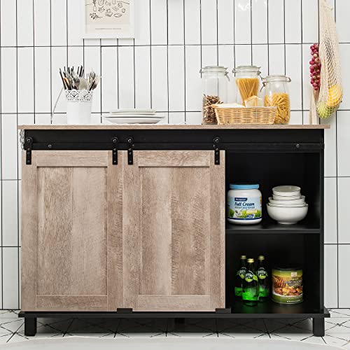 Giantex Sideboard, Buffet Coffee Bar Station with 2 Sliding Barn Doors, Wood Cupboard Pantry, Large Console Table with 3 Tier Shelves, Farmhouse Storage Cabinet Kitchen Dining Living Room