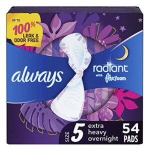 always radiant feminine pads for women, size 5 extra heavy overnight absorbency, multipack, with flexfoam, with wings, scented, 18 count x 3 packs (54 count total)