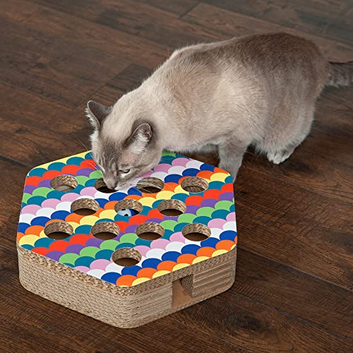 Furhaven Hexagon Corrugated Cat Scratcher Busy Box Toy w/ Catnip - Rainbow Scales, One Size
