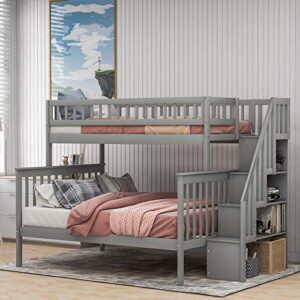 merax twin over full bunk bed with stairs, wood bed frame with storage space and guard rail for bedroom, dorm, for teens, adults, grey